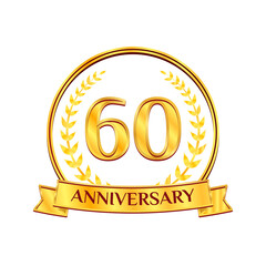 Golden 60 years anniversary number emblem logo with ribbon and laurel wreath. Ideal for birthday, wedding, award, anniversary