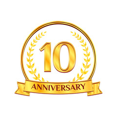 Golden 10 years anniversary number emblem logo with ribbon and laurel wreath. Ideal for birthday, wedding, award, anniversary