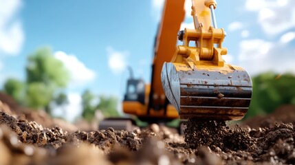 An active construction digger digging through soil dynamically under a bright blue sky, showcasing the machine's strength and capability in an engaging outdoor setting.