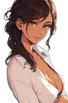 elegant brunette woman with cleveage and white shirt