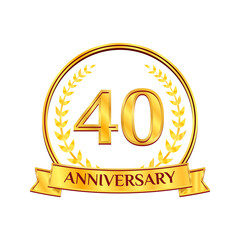 Golden 10 years anniversary number emblem logo with ribbon and laurel wreath. Ideal for birthday, wedding, award, anniversary