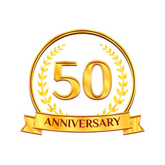 Golden 50 years anniversary number emblem logo with ribbon and laurel wreath. Ideal for birthday, wedding, award, anniversary