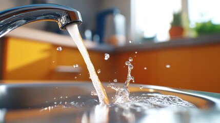 A lively kitchen scene with water flowing from a chrome tap, complemented by warm orange accents and natural lighting, creating a fresh and dynamic space.