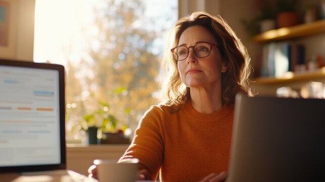 A woman in an orange sweater sits by a window with sunlight filtering through, holding a cup and wearing glasses, conveying a thoughtful and serene expression.