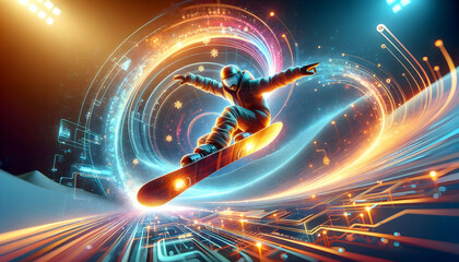 3D Glowing snowboarder performing tricks on abstract digital slopes concept as A glowing snowboarder performs dynamic tricks on abstract digital slopes surrounded by neon light effects and vibrant col