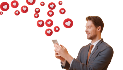  Social Media Concept - Man Using Smartphone with Likes Icons - Isolated PNG