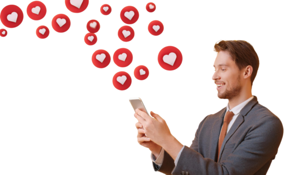  Social Media Concept - Man Using Smartphone with Likes Icons - Isolated PNG