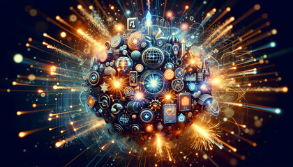 Abstract Sparklers and Cultural Icons: A Modern Digital Art Banner Featuring Vibrant Glowing Elements and a Cinematic Camera Pan in an Artistic Photo Stock Concept
