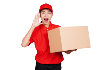 Smiling asian delivery courier woman holding boxed packages and showing shouting hand sign gesture isolated transparent