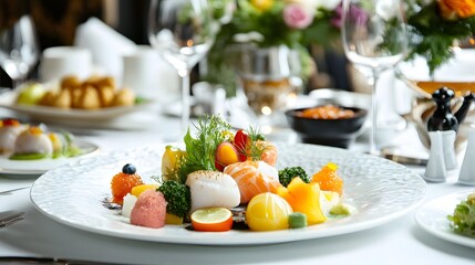 A fine dining experience with a summer tasting menu featuring bright seasonal fruits and seafood displayed in a refined atmosphere
