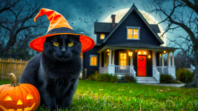 Adorable black cat wearing a witch hat with a Halloween house in the background, created using generative AI.