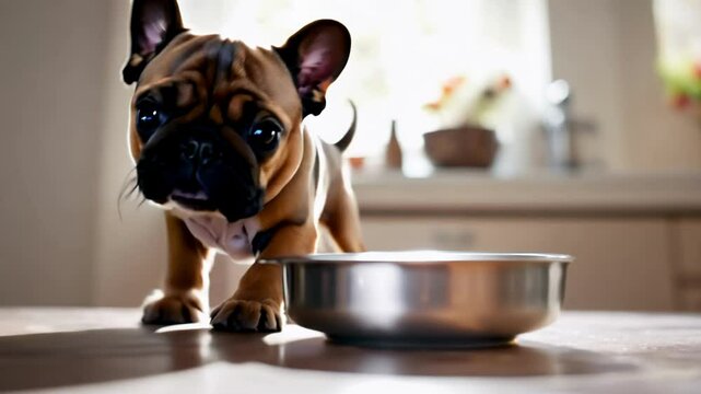 A cute French bulldog pup eagerly drinking water from a bowl in the kitchen, with bright sunlight filtering through the window. A heartwarming and refreshing moment.