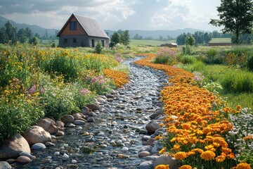 A small stream flows through a meadow of wildflowers, with a rustic cabin in the background.