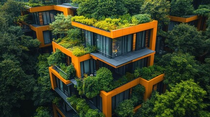 Aerial view of a modern building with green roofs and balconies surrounded by lush greenery.
