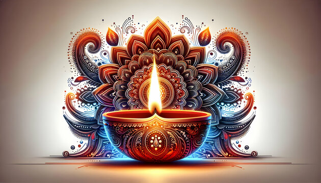 3D Glowing digital Diwali diya with mandala patterns capturing the cultural and festive spirit for banners concept as An abstract digital art banner featuring a glowing Diwali diya with intricate mand