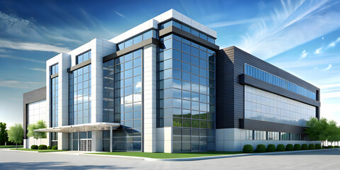 Glossy Office Building Exterior in Wide Angle Shot Under Clear Sky with Ample Copy Space for Corporate Branding and Promotional Messages
