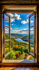 view from window to the sea. window, view, home, door, house, sky, room, open, interior, architecture, glass, frame, landscape, sea, wood, summer, beach, building, wooden, sun, ocean, garden, balcony,
