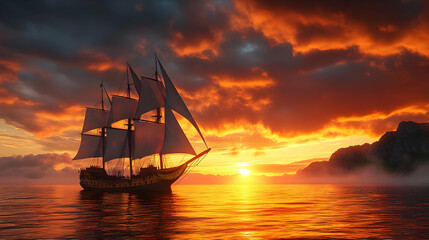 Obraz premium Sailing Ship at Sunset with Majestic Mountains