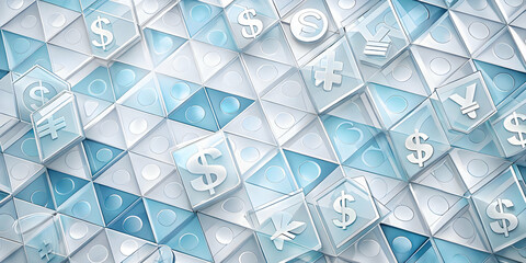 Glossy Tile Pattern with Transparent Currency Symbols & Discount Overlays - Modern Business & Financial Concept for High-End Advertising Backgrounds