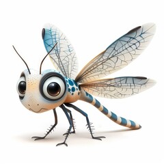 A cartoonish blue and white dragonfly with a big, curious look on its face