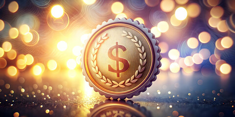 Macro Image of Glowing Promotional Badge with Currency Symbols on Abstract Bokeh Background for Financial Advertising and Copy Space