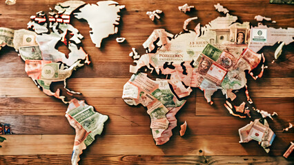 A creative representation of global currencies forming a world map on a plain white background with space for text captured with a static shot to emphasize global finance and international trade. conc