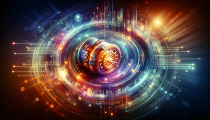 Obraz premium Abstract Digital Vault with Glowing Elements: A Creative Digital Art Piece Symbolizing Financial Security and Savings in a Holographic Space