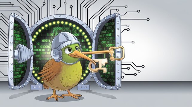 Digital Security Concept: Cartoon Kiwi Bird with Helmet Holding Key in Futuristic Circuit Background for Cybersecurity Illustration