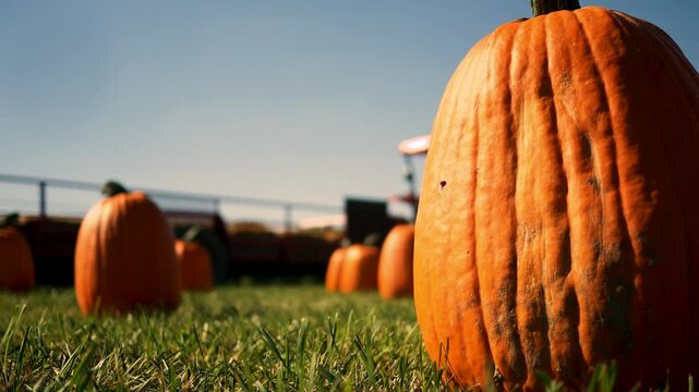 Cinematic Shot of Blurry Tractor or Hay Ride Going Past Pumpkin Patch - Gold
