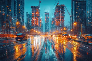 Fototapeta premium A rainy evening in a modern city with tall buildings under construction, reflecting the city lights on the wet asphalt.