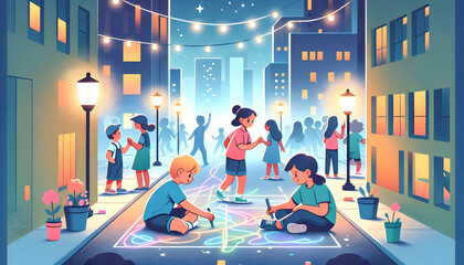 Candid Shot of Children Playing with Glowing Sparklers at Backyard Barbecue - Joyful Family Celebration in Vector Illustration