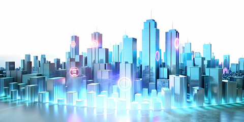 Holographic Currency Symbols Floating Above a Glowing Cityscape - Economic Growth and Financial Advertising Concept with Ample Copy Space in Photo Stock