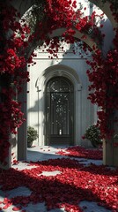Fototapeta premium Stone Archway with Red Flowers and Petals