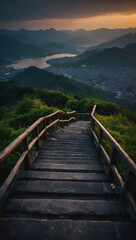 Obraz premium Landscape lake and mountain from wood bridge