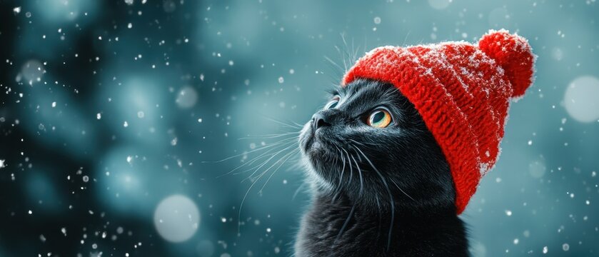 Black cat wearing a red hat in falling snow