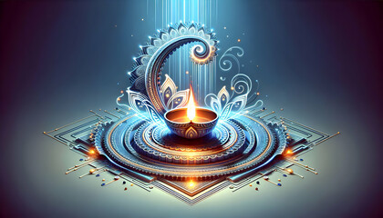 Fototapeta premium 3D Glowing Digital Rangoli with Diwali Lamp - Artistic Festive Banner Design for Celebrations