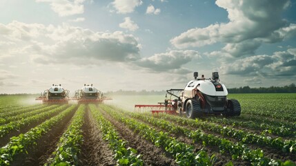 Fototapeta premium Modern farm equipment spraying crops in a field