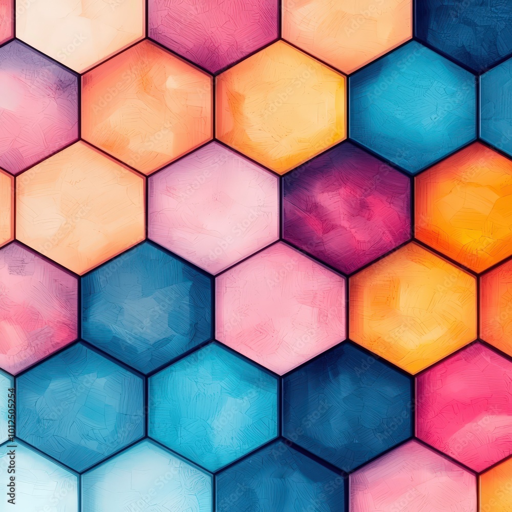 Poster abstract texture with interlocking hexagonal patterns in bright hues
