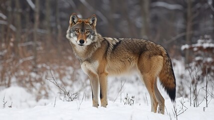 Obraz premium Majestic Russet Plains Wolf Standing Proudly in a Golden Field, Capturing the Essence of Untamed Wilderness and Natural Beauty. This Stunning Image Highlights the Wolf's Distinctive Russet Fur, Sharp 