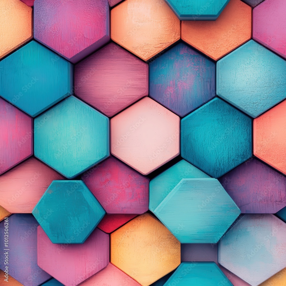 Poster abstract texture with interlocking hexagonal patterns in bright hues