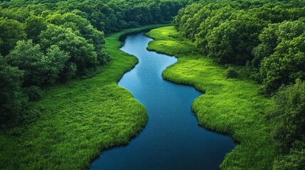 Fototapeta premium Aerial view of a winding river flowing through a lush green forest.