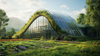 Fototapeta premium Modern Green Glass Greenhouse with a Garden in Front