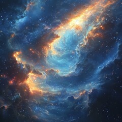 Fototapeta premium Vibrant cosmic nebula with fiery orange and blue hues illuminating the galaxy.