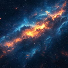 Obraz premium Vivid cosmic nebula with fiery orange and deep blue hues in a starry universe.