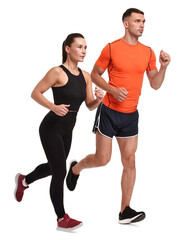 Woman and man running on white background