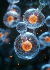 Close-up of cell division with vibrant colors and glowing details.