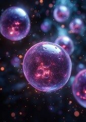 Glowing spheres float in a cosmic environment, displaying vibrant purples and pinks.