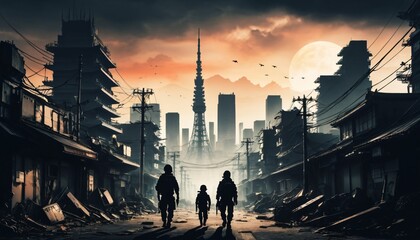 Apocalyptic view of destroyed world, post apocalypse city after world war