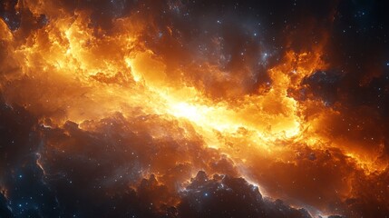 Obraz premium Vivid cosmic nebula with swirling orange and yellow clouds in deep space.
