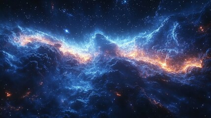 Fototapeta premium Stunning cosmic clouds with vibrant blue and fiery orange hues fill a mesmerizing night sky.